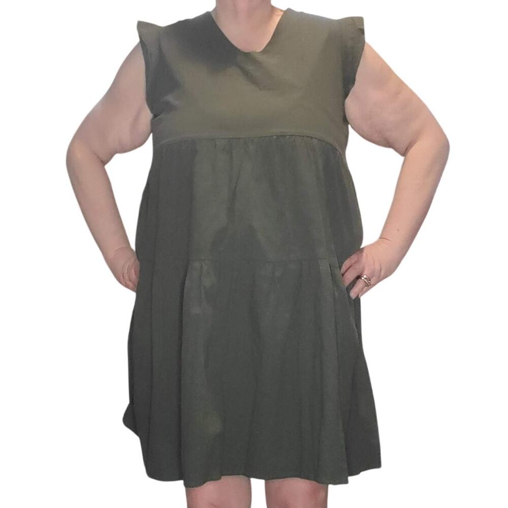 Kate Kasin Green Cotton Gauze Tiered Mini Babydoll Dress Cottage Coastal 2X
